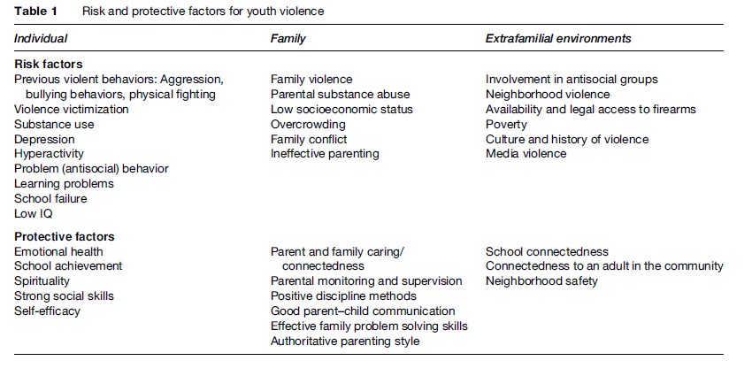 Young People and Violence Research Paper Table 1